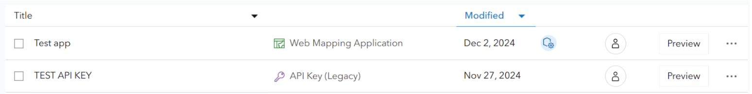 The Esri ArcGIS Online Content Page for managing API keys 
