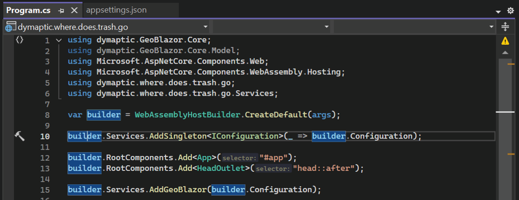 Updating the GeoBlazor declaration in the Program.cs file
