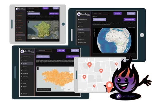 GeoBlazor interface displayed on multiple tablets showing different map layers and visualizations alongside Torchy the mascot holding a location pin