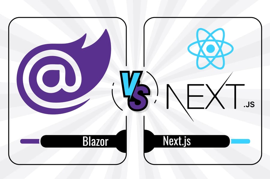 Blazor vs Next.js graphic with logos and progress bars, separated by a "VS" symbol.