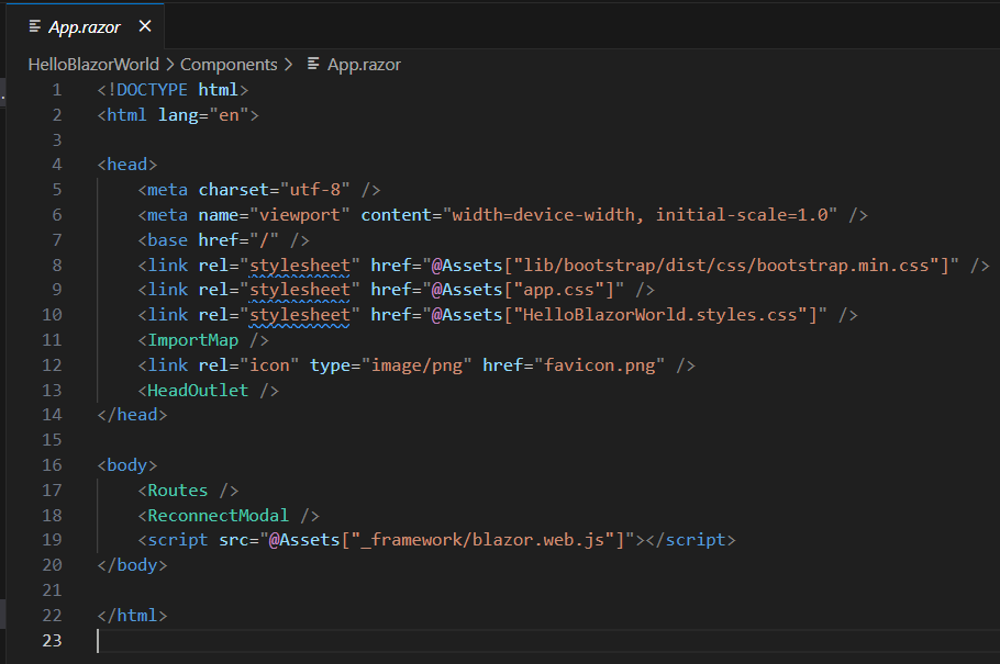 App.razor file showing the root HTML DOCTYPE, html, head, body, meta, links, and scripts tags, as well as the nested Routes razor component