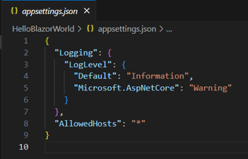 appsettings.json file showing logging settings