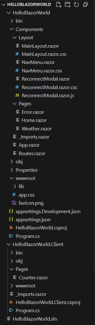 Expanded VS Code file tree showing the project structure of the Blazor template