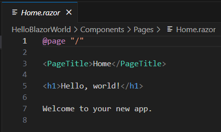 Home.razor file showing the contents of the main page