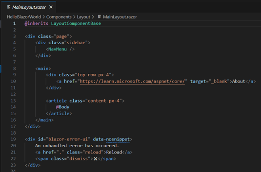 MainLayout.razor file showing the layout of the page, with sidebar and top row