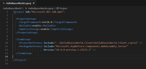 .csproj file showing target framework, settings, and references
