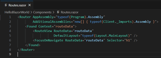 Routes.razor file showing the Router component that loads assemblies to find pages, loading from both the server and client program, and a Found, RouteView, and FocusOnNavigate component