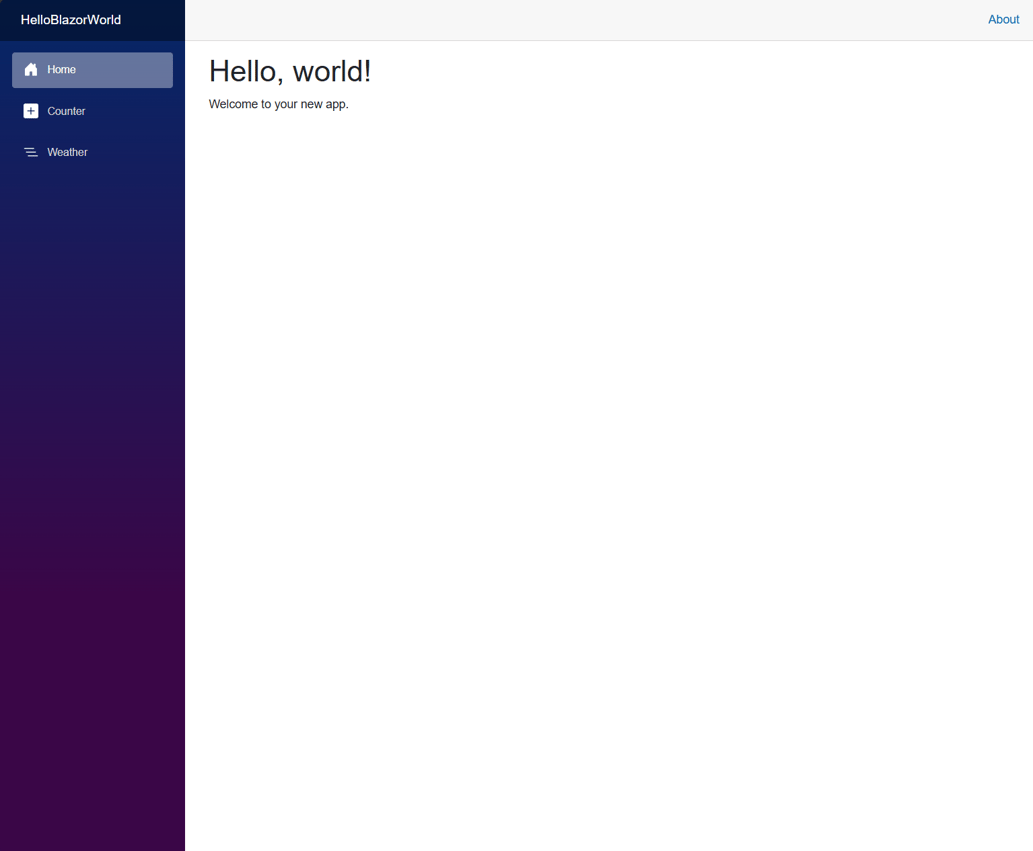 Screen shot of the Hello World landing page of the running Blazor template, with Home, Counter, and Weather navigation links on the left, and an About link on the top right