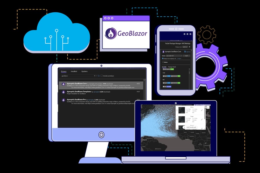 Illustration showing various devices (desktop, laptop, tablet) displaying screenshots and the GeoBlazor logo