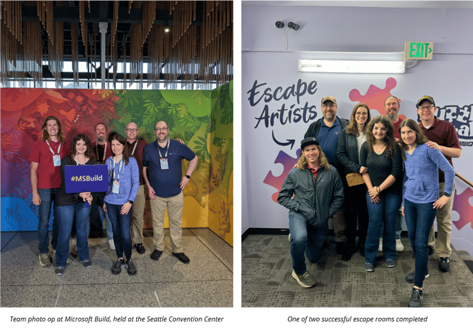 Two team photos, one of a photo op at Microsoft Build and the other after completing an escape room