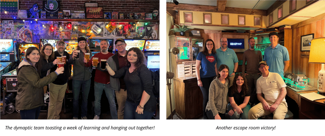 Two more team photos, one of the team making a toast with beverages and the other after a second escape room victory