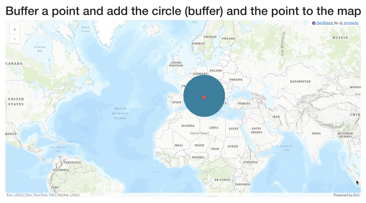A world map showing a point on Rome, Italy with a buffer circle around the point