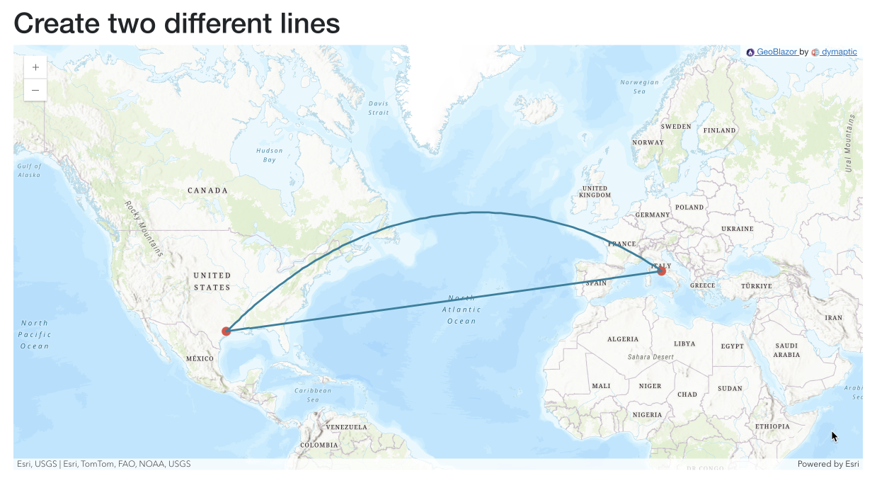 Map showing two different lines
