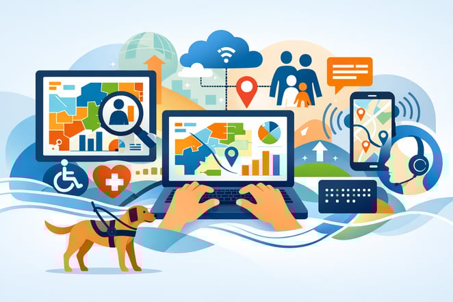 Graphic with a collage of accessible map related images - a laptop, a phone, and a tablet all showing maps, a service dog, a user navigating maps with an audio guide, with an overlap of a technical network