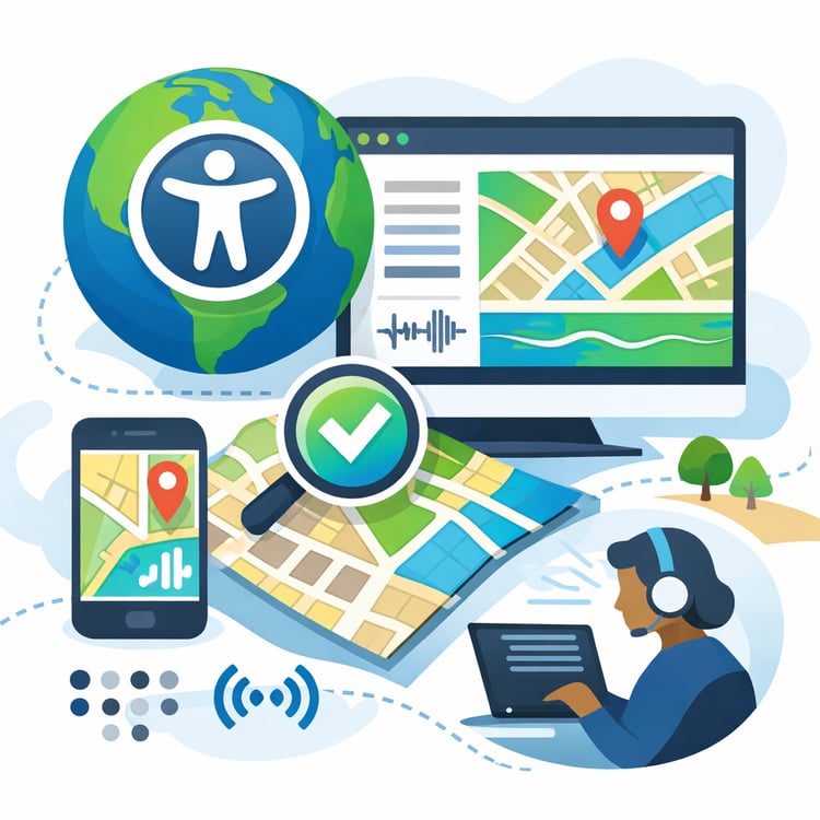 Graphic collage of a tablet, phone, paper map, and map symbology with a person in the corner wearing a headset and using assistive technology