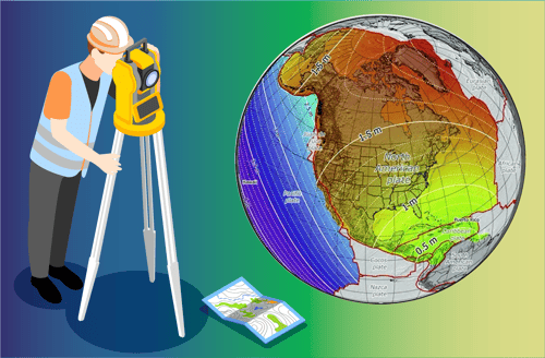 Illustration of a person using survey equipment looking at the globe