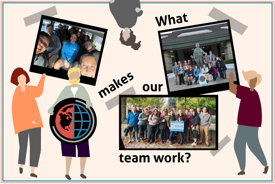 Collage with three team photos, text "What makes our team work?", and illustrated figures celebrating teamwork and diversity.