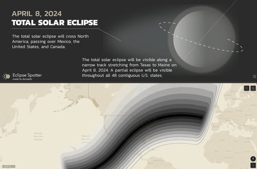 Infographic showing Total Solar Eclipse info along with an image from the Eclipse Spotter made by dymaptic