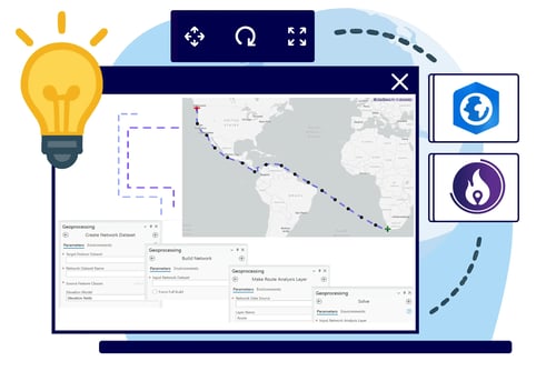 Illustration showing a web application, light bulb icon, ArcGIS logo and GeoBlazor Logo