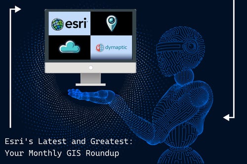 A futuristic digital illustration featuring a robotic figure holding a computer screen displaying GIS-related logos, including Esri and Dymaptic, with the text 