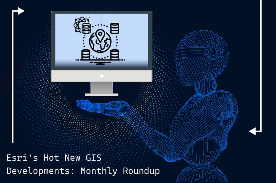 AI robot holding a screen displaying GIS data icons with the title: Esri