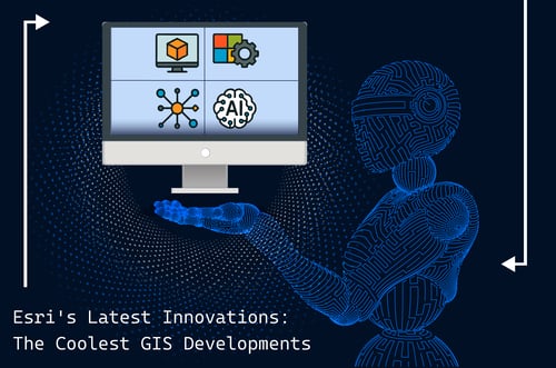 A futuristic robot holds a screen displaying icons for 3D visualization, Microsoft tools, utility networks, and AI in GIS.
