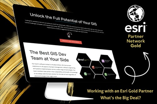 The image showcases a sleek black and gold design with a computer screen displaying a GIS development webpage, the Esri Partner Network Gold badge, and the text 