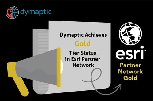 Image showing a microphone that says 'dymaptic achieves gold tier status in Esri Partner Network'.