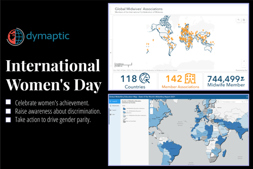 Image saying International Women's day with a map that displays the International Confederation of Midwives (ICM) Global Midwives' Association Survey data