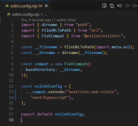 eslint.config.mjs file showing eslint configuration settings