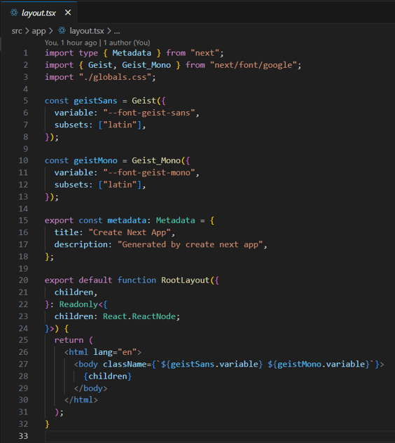 layout.tsx file showing the React function that generates the root html tag