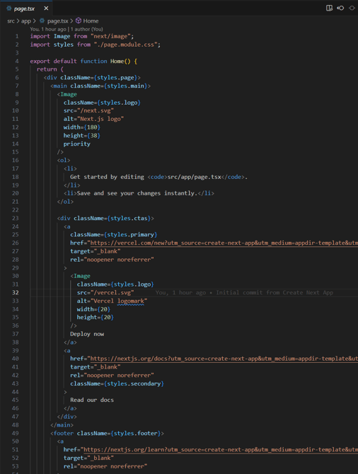 page.tsx file showing the React function that generates the home page content
