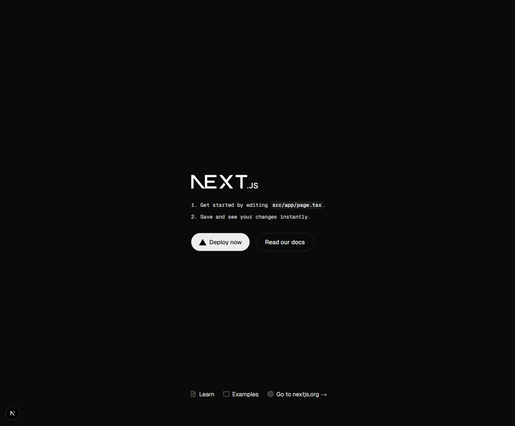 Screen shot of the Next.js template, all black with a centered white Next.js logo and links to documentation