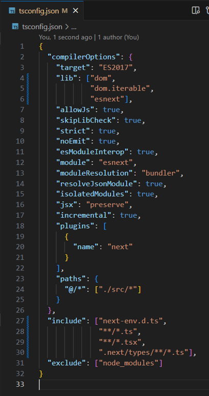tsconfig.json file showing typescript settings