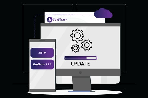 Computer and smartphone showing GeoBlazor update to .NET 9 and GeoBlazor 3.1.1, with progress bar and gears icon.