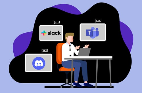 Slack, Microsoft teams and Discord logos on computer screens 