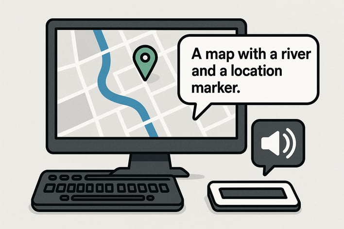 Graphic of a monitor showing a device narrating a map with the info "a map with a river and a location marker"