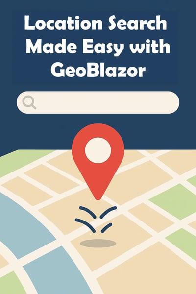 Bouncing map pointer with text "Location Search Made Easy with GeoBlazor