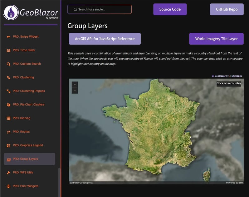 Image of GeoBlazor Samples page for Group Layers
