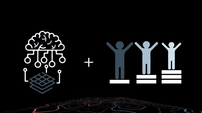 Illustration featuring a neural network icon representing AI, combined with a podium-style graphic of three figures standing on different levels, symbolizing equity.