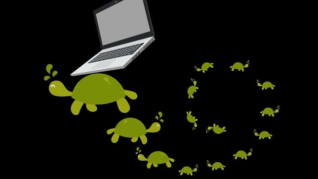 Illustration featuring a laptop followed by a spiraling trail of smaller green turtles, symbolizing the concept of 'turtles all the way down"