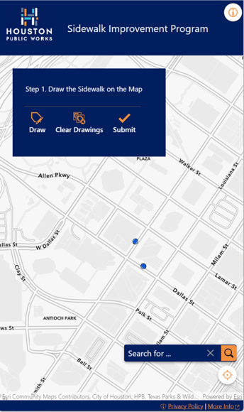 Screenshot of Houston Public Works Sidewalk Improvement Program prototype app.