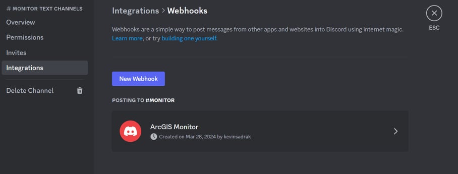 Configuration window in Discord for a webhook