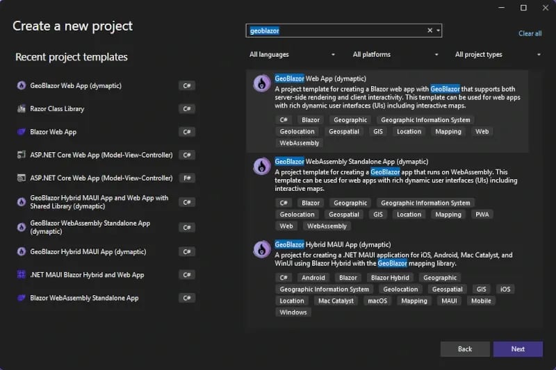 The "Create a new project" dialog from Visual Studio, showing the GeoBlazor templates are installed and available.