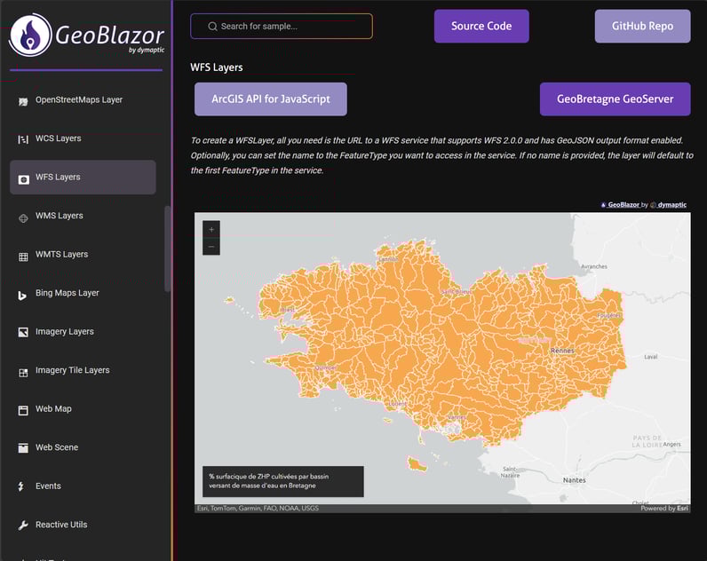 Image of GeoBlazor Samples page for WFS Layers