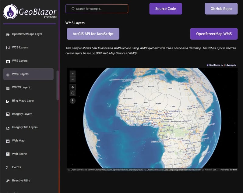 Image of GeoBlazor Samples page for WMS Layers