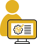 Esri icon of a person reviewing certified GIS training on a computer, representing dymaptic team members holding Esri certifications in ArcGIS Enterprise, Online, and Pro